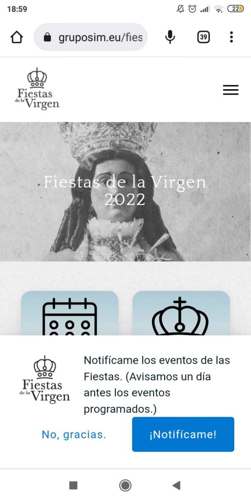 Captura del aviso de notificación de eventos